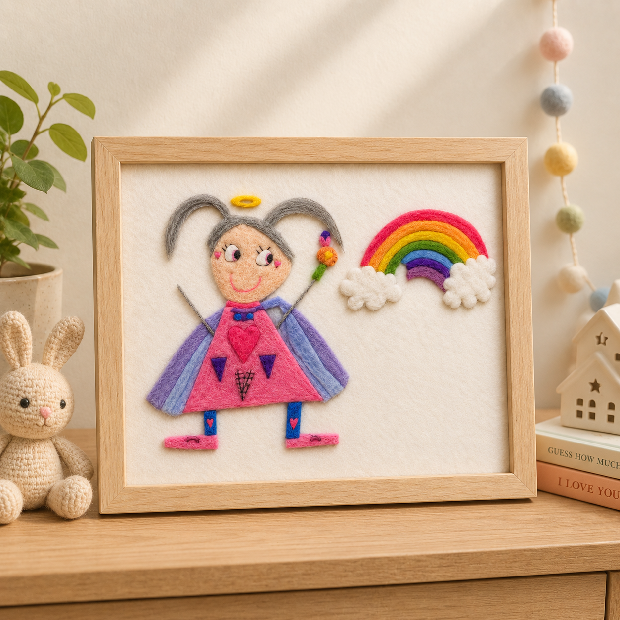 Child's crayon drawing transformed into a handcrafted wool felt painting by ilovefelt