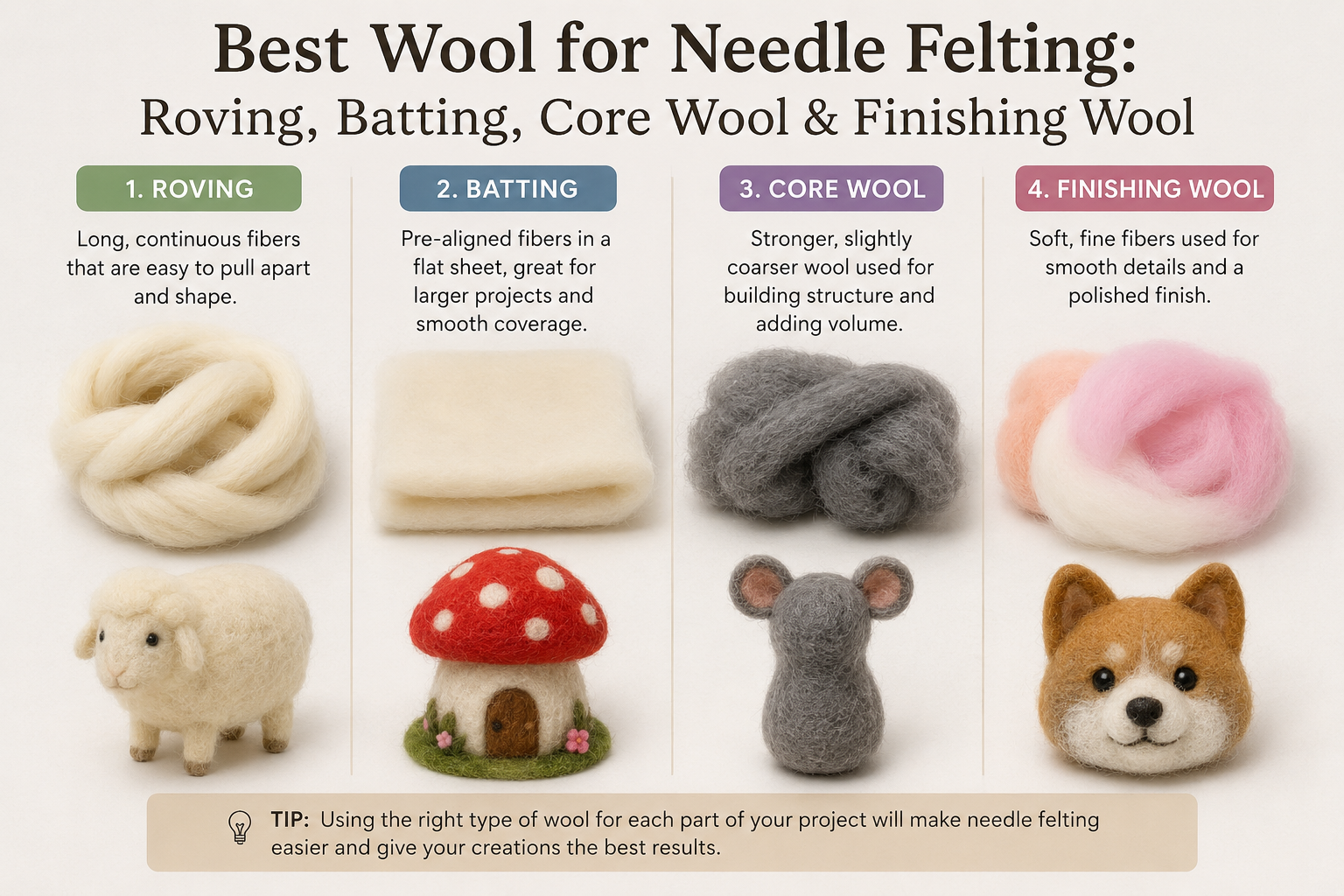 Four types of needle felting wool laid out side by side — core wool, batting, roving, and finishing wool