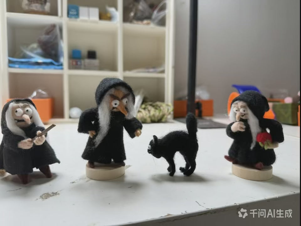 Needle felted Halloween witch figurine shown in the ilovefelt video