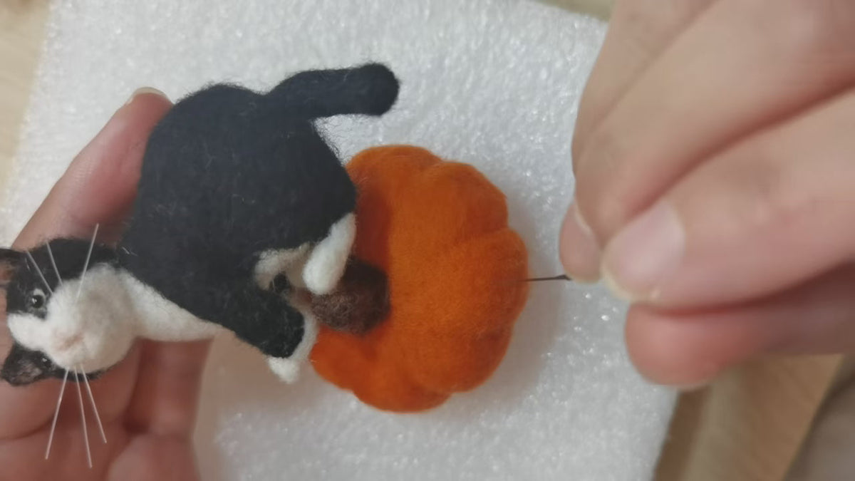 Hands needle felting a black-and-white cat beside an orange wool pumpkin