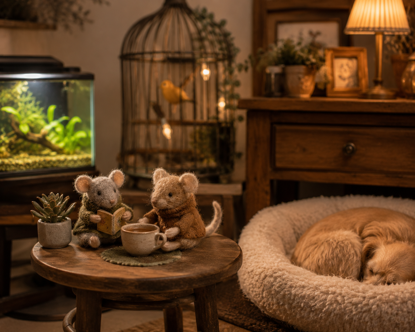 Handmade wool felt mice in a cozy pet lover home with a sleeping dog, bird cage, and aquarium