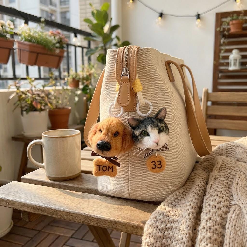 Shop our handmade wool felt charm collection — or commission a custom miniature pet charm based on your photos. Every piece is needle-felted from 100% natural wool and made to order.