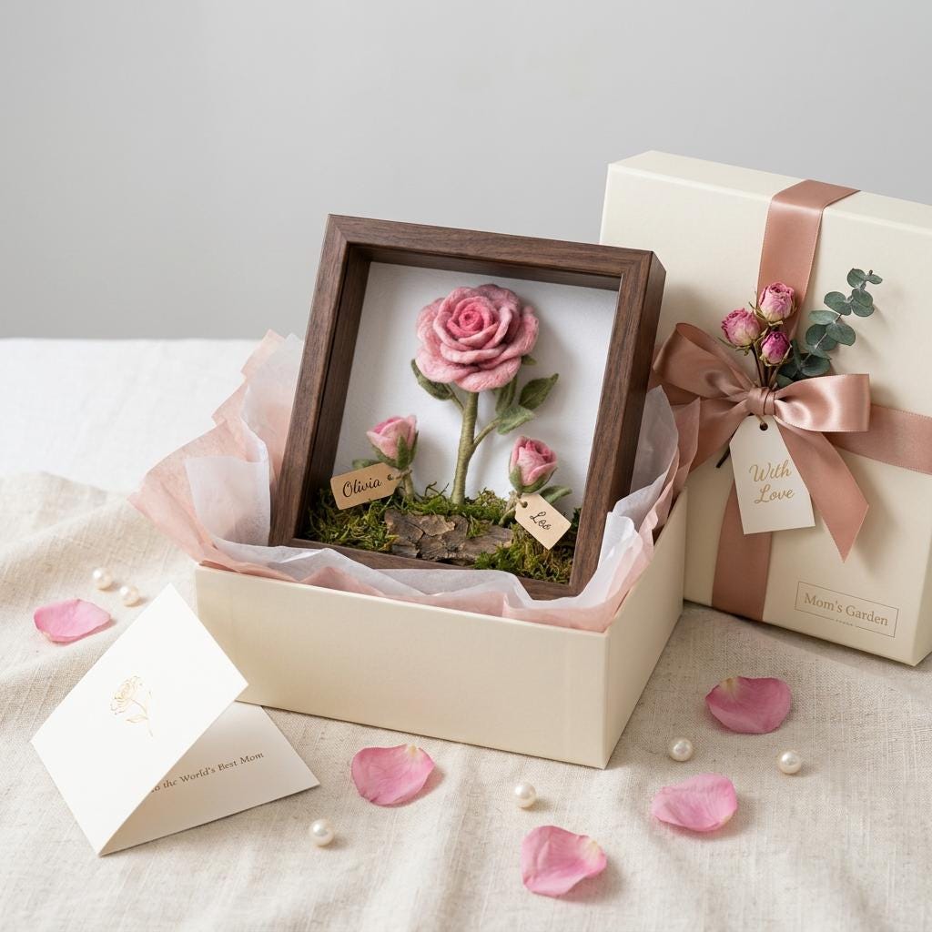 Pink wool rose shadow box displayed as a floral keepsake