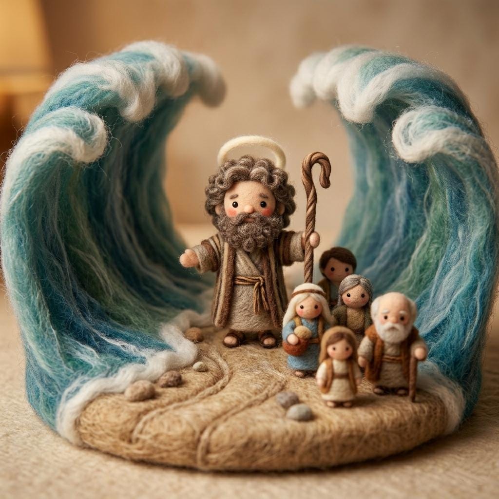 Handmade needle felt Moses parting the Red Sea Bible story scene by ilovefelt