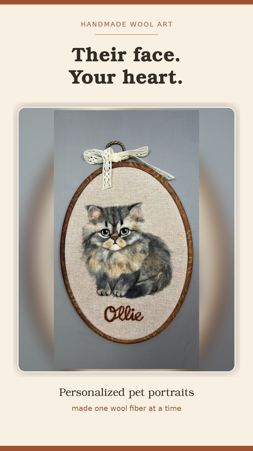 Custom wool felt cat portrait by ilovefelt, featured in a video about handmade pet portraits and autumn gifts
