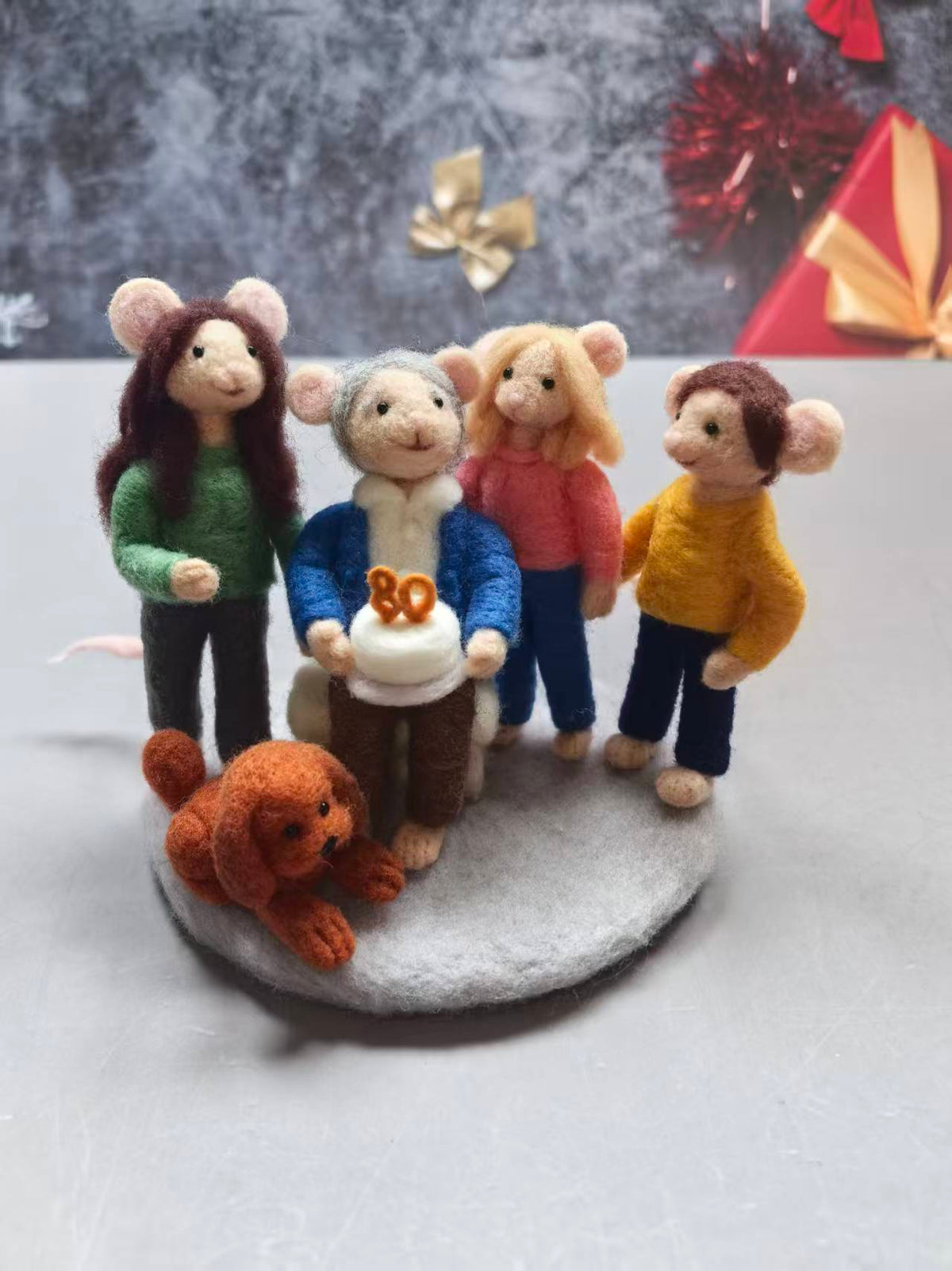 Real handmade needle felt family portrait commission for Grandpa's 80th birthday