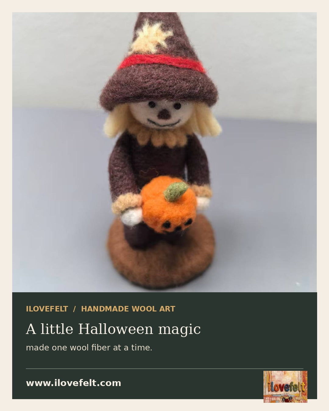 Meet handmade wool Halloween characters in this short ilovefelt video: a little witch, a pumpkin companion, and a spooky story scene.