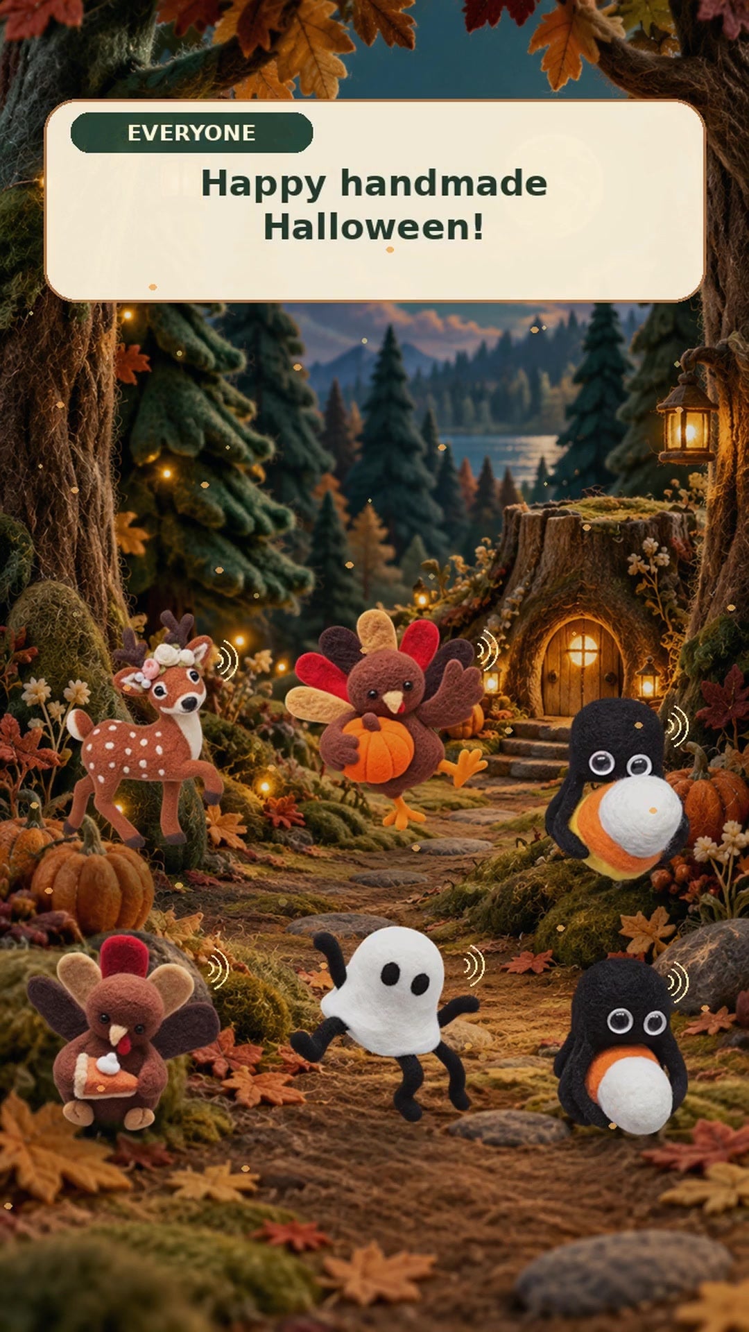 Handmade wool felt friends dancing in the Halloween forest