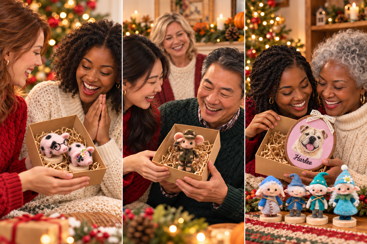 Illustrated White, Black and Asian friends and family exchanging wool felt pigs, a mouse character and a pet portrait during the holidays