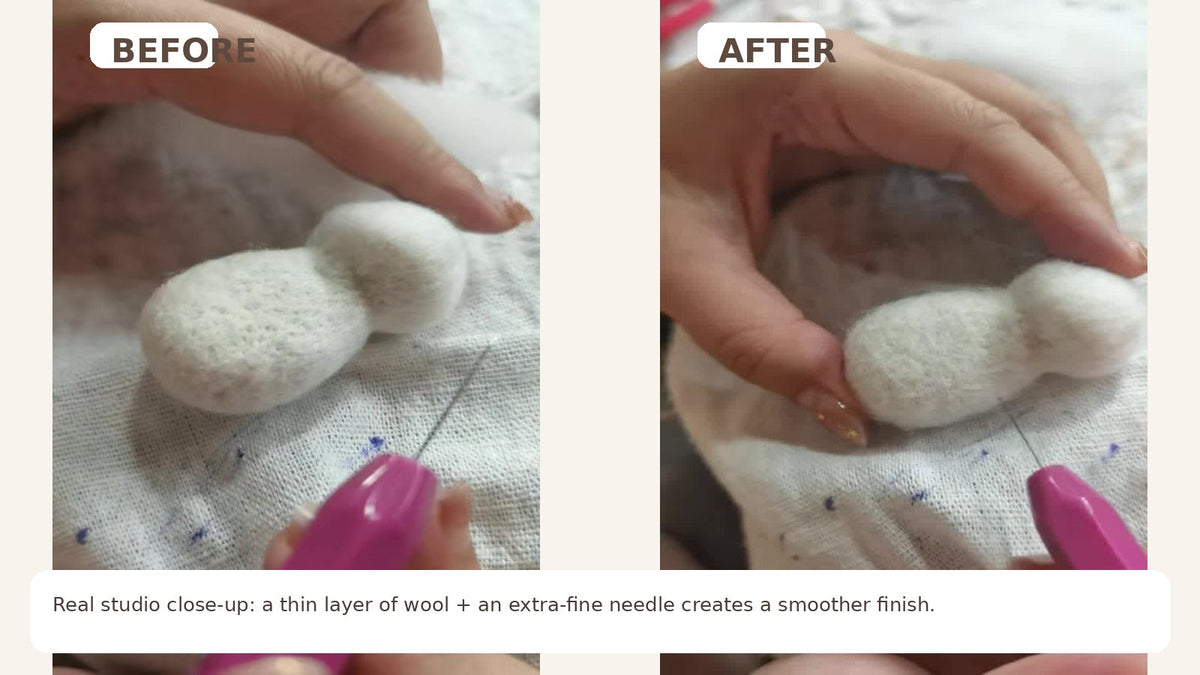 Before and after of needle felted wool surface finishing with an extra-fine needle in the ilovefelt studio