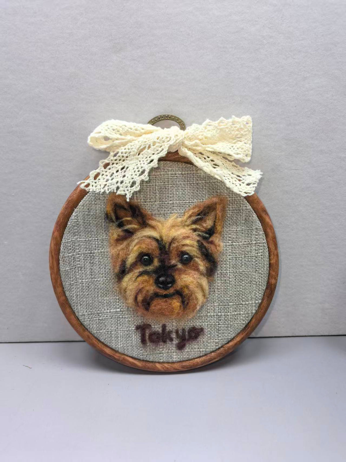 Custom needle-felted Yorkshire terrier portrait in a decorative hoop