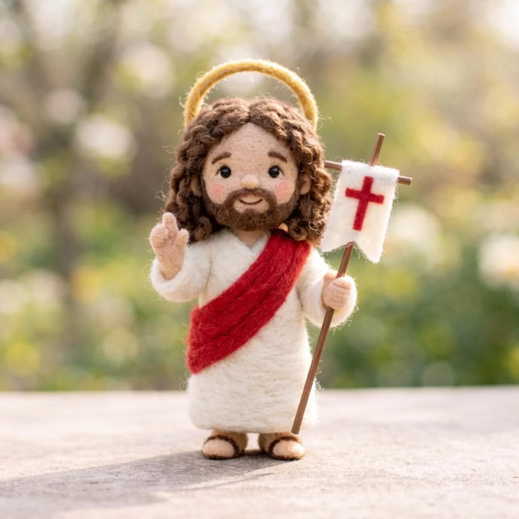 Best Sellers — handmade needle felted Jesus figurine with halo and resurrection flag, top-selling Christian faith decor by ilovefelt