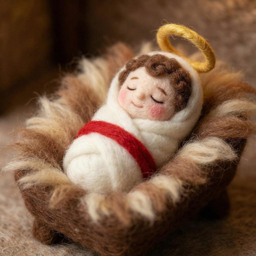 Character-Inspired Wool Figurines — handmade needle felted baby Jesus with golden halo sleeping in a fur-lined manger, exclusive nativity character by ilovefelt