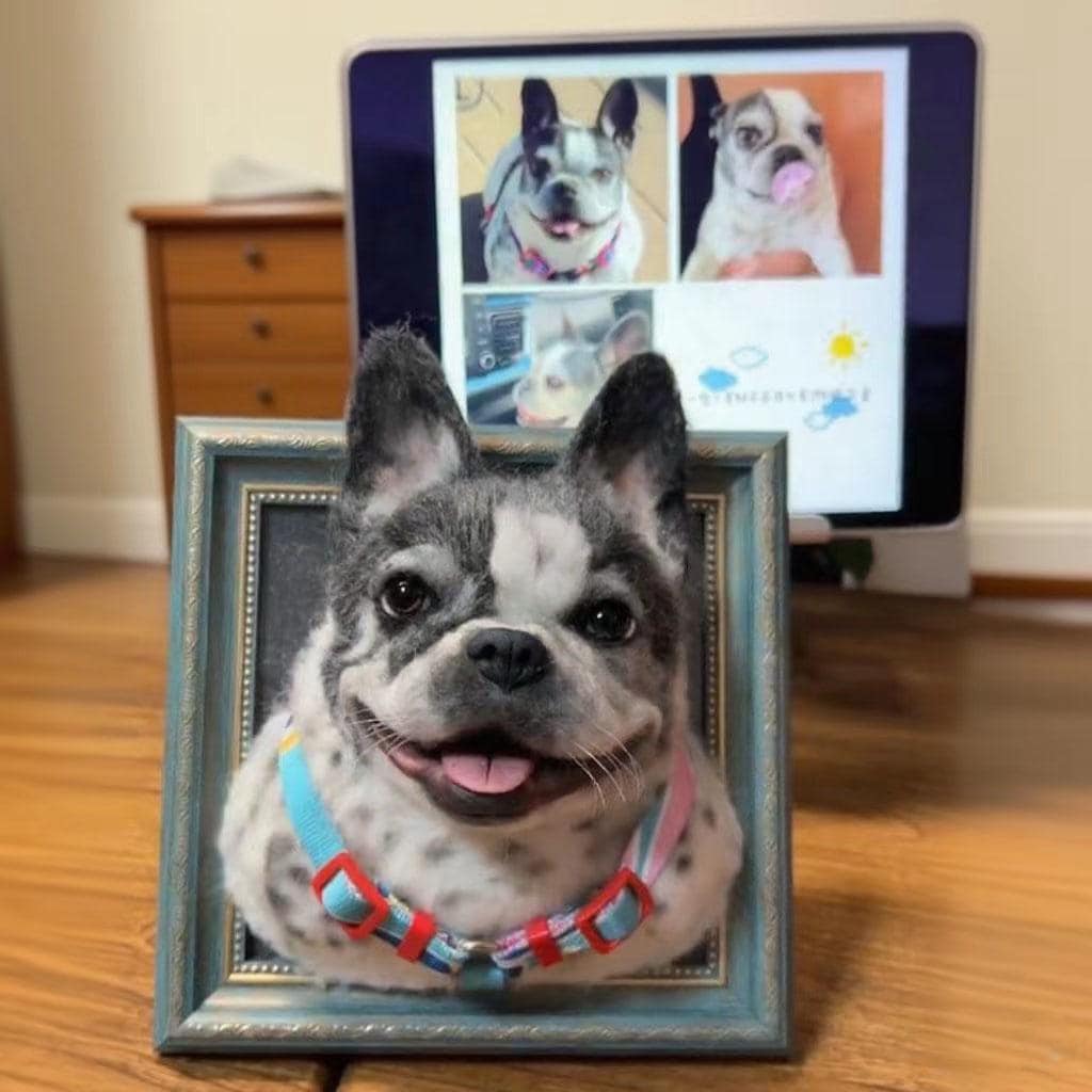 Custom Needle Felted Pet Portrait in Wooden Frame: Dog Memorial Keepsake