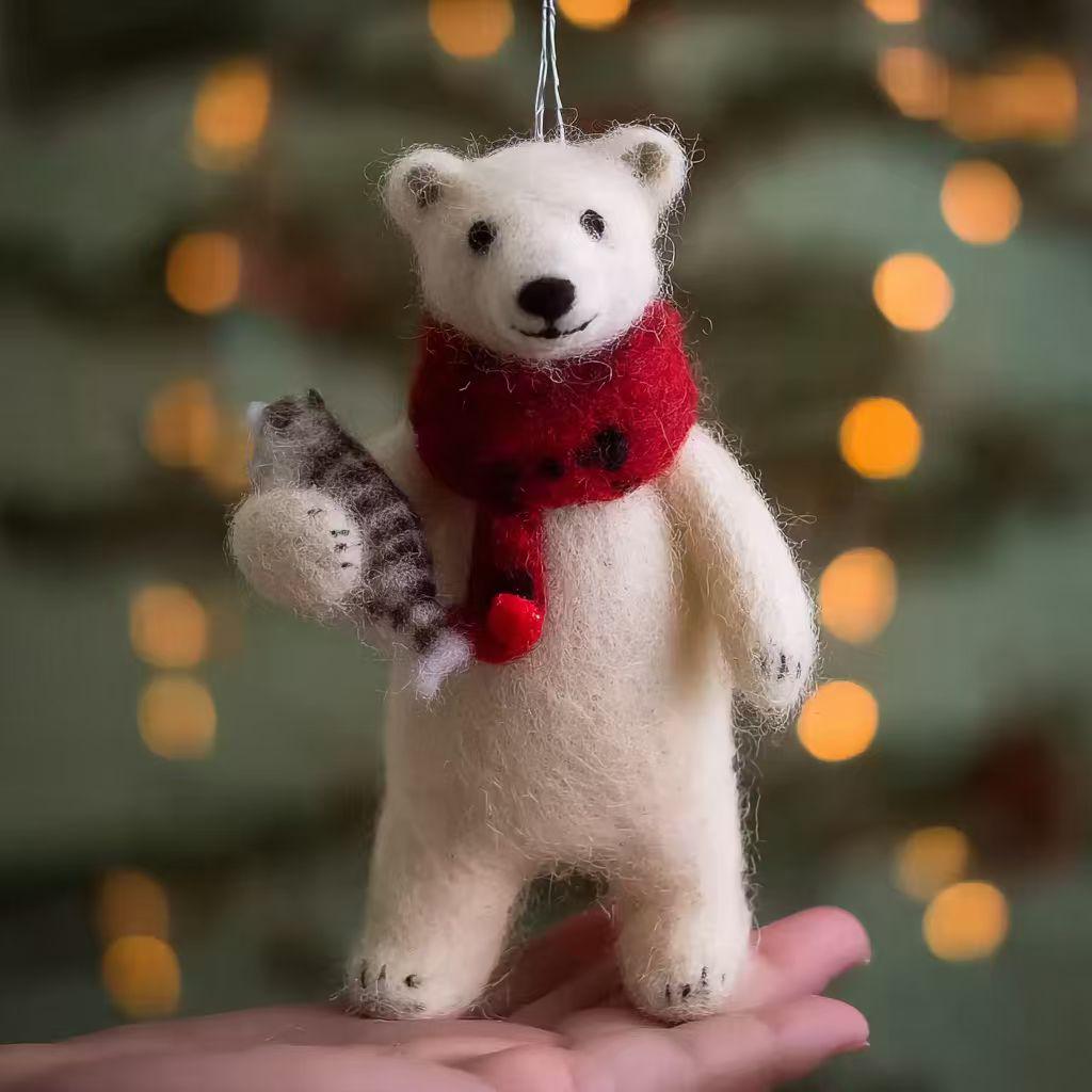 Cute Wool Felt Polar Bear with Red Scarf – Christmas Tree Ornament, Winter Decoration, Handmade Holiday Gift for Friends