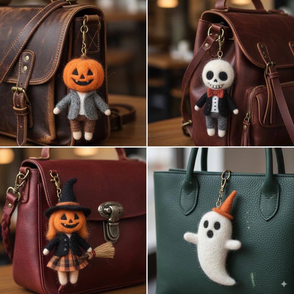 Needle Felted Wool Halloween Keychain – Cute Pumpkin Ghost Plush Bag Charm – Handmade Spooky Fall Gift for Trick or Treat Lovers