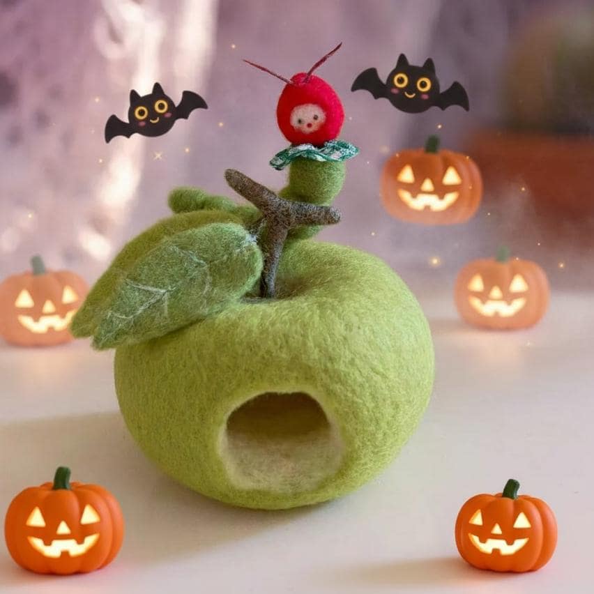 Handmade Wool Felt Apple House with Caterpillar – Waldorf Inspired Toy,Needle Felted Apple House – Nature Play Toy for Kids, Waldorf Gift