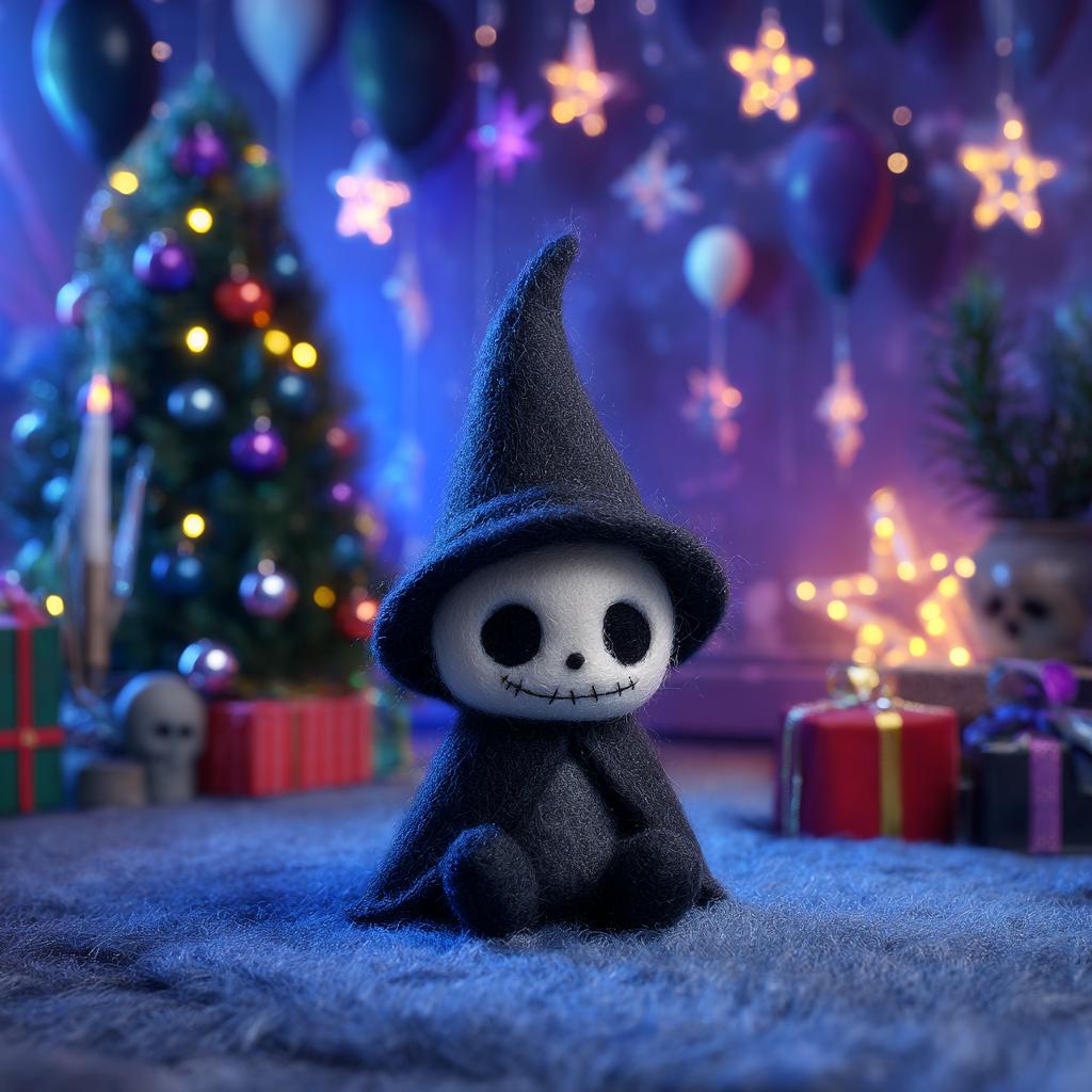 Handmade Wool Felt Skeleton Witch – Needle Felted Halloween Decoration, Spooky Cute Figurine for Autumn Home or Party Gift