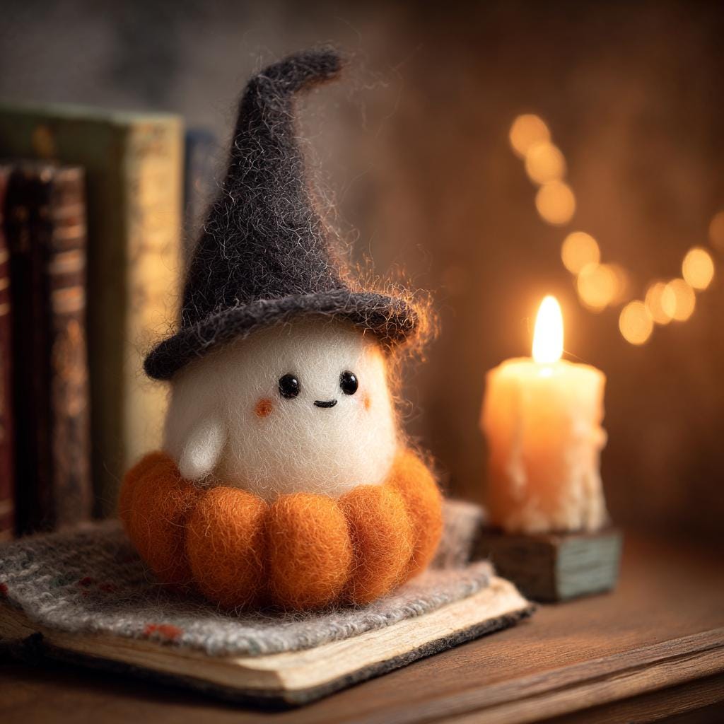 Handmade Needle Felted Halloween Ghost – Wool Felt Witch Ghost Figurine, Cute Pumpkin Decor, Cozy Autumn Home Decoration Gift