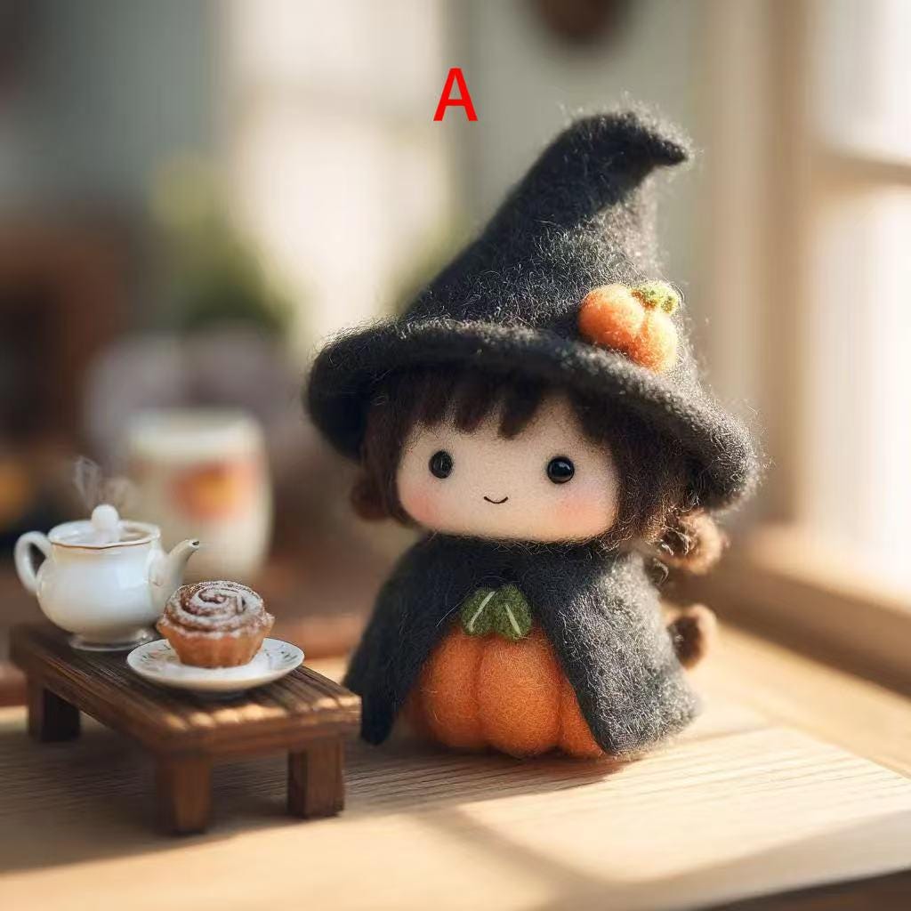 Pumpkin Spell Companions – Handmade Wool Felt Witch & Mouse Figurines, Cute Halloween Pumpkin Decor, Cozy Spooky Fall Gift Set
