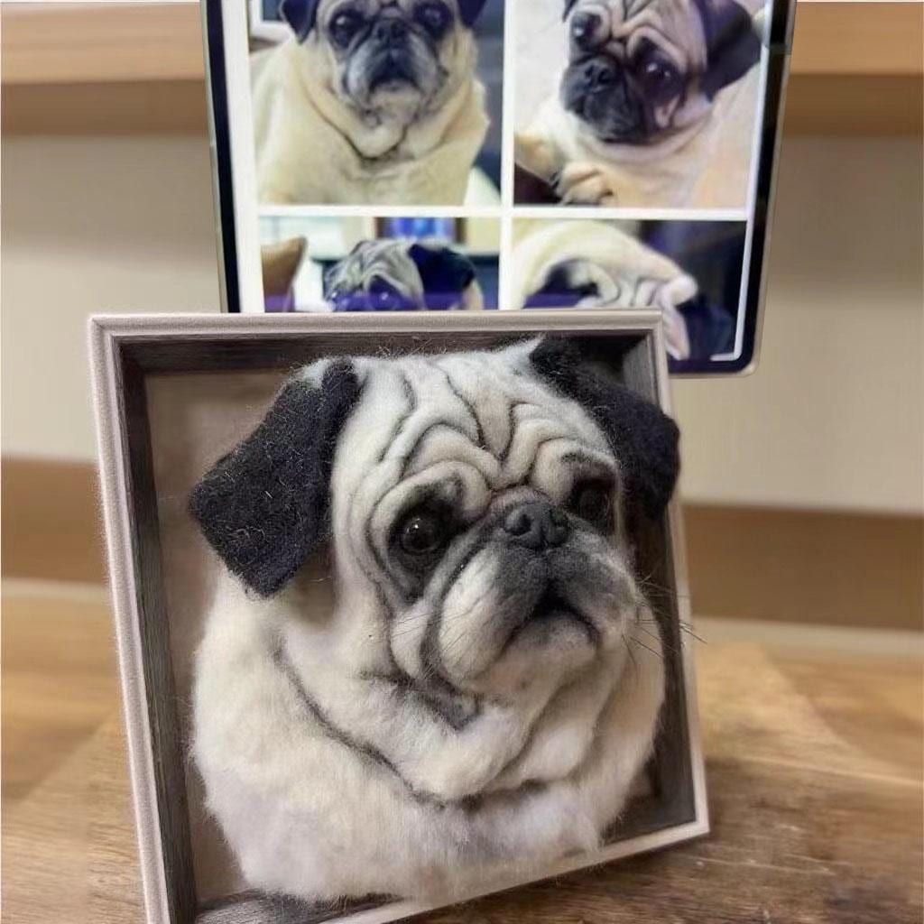 Custom Needle Felted Pet Portrait: 3D Dog Replica in Wooden Frame