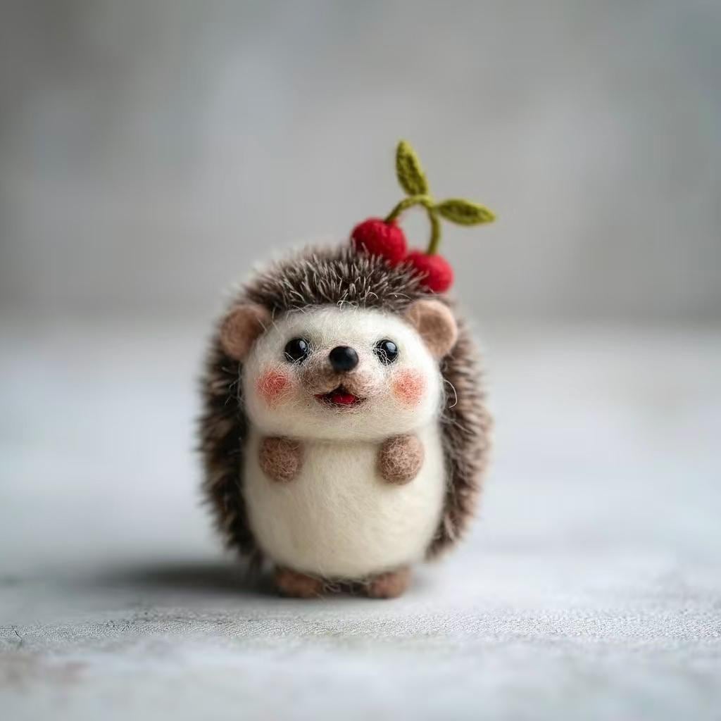 Handmade Needle Felted Hedgehog – 2.5 Inch Cute Animal Figurine with Apple or Heart, Cozy Winter Gift, Perfect for Christmas Tree Ornament