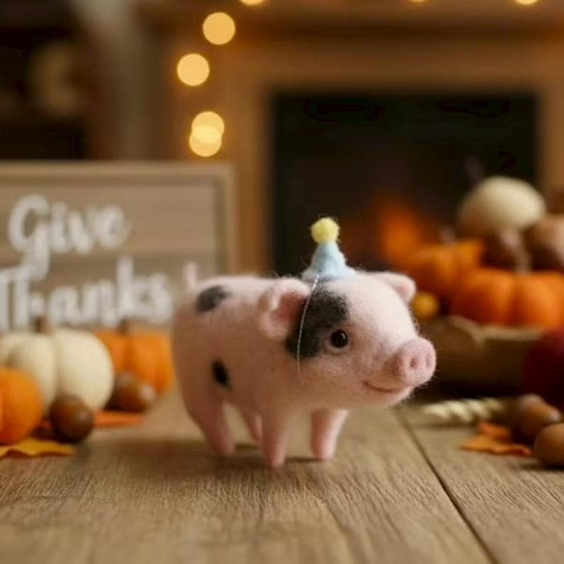 Handmade Wool Felt Piglet Figurine – Cute Birthday or Christmas Gift, Party Hat Pig Sculpture, Adorable Farm Animal Decor