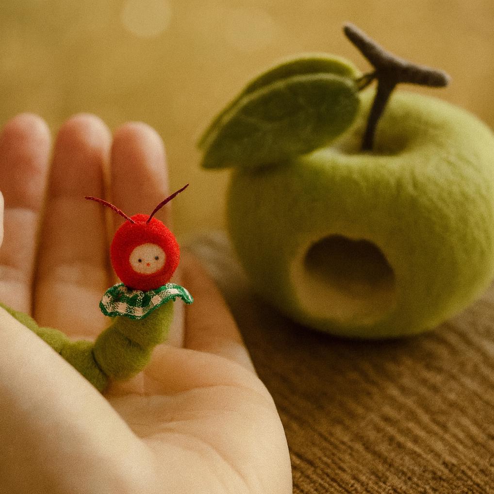 Handmade Wool Felt Apple House with Caterpillar – Waldorf Inspired Toy,Needle Felted Apple House – Nature Play Toy for Kids, Waldorf Gift