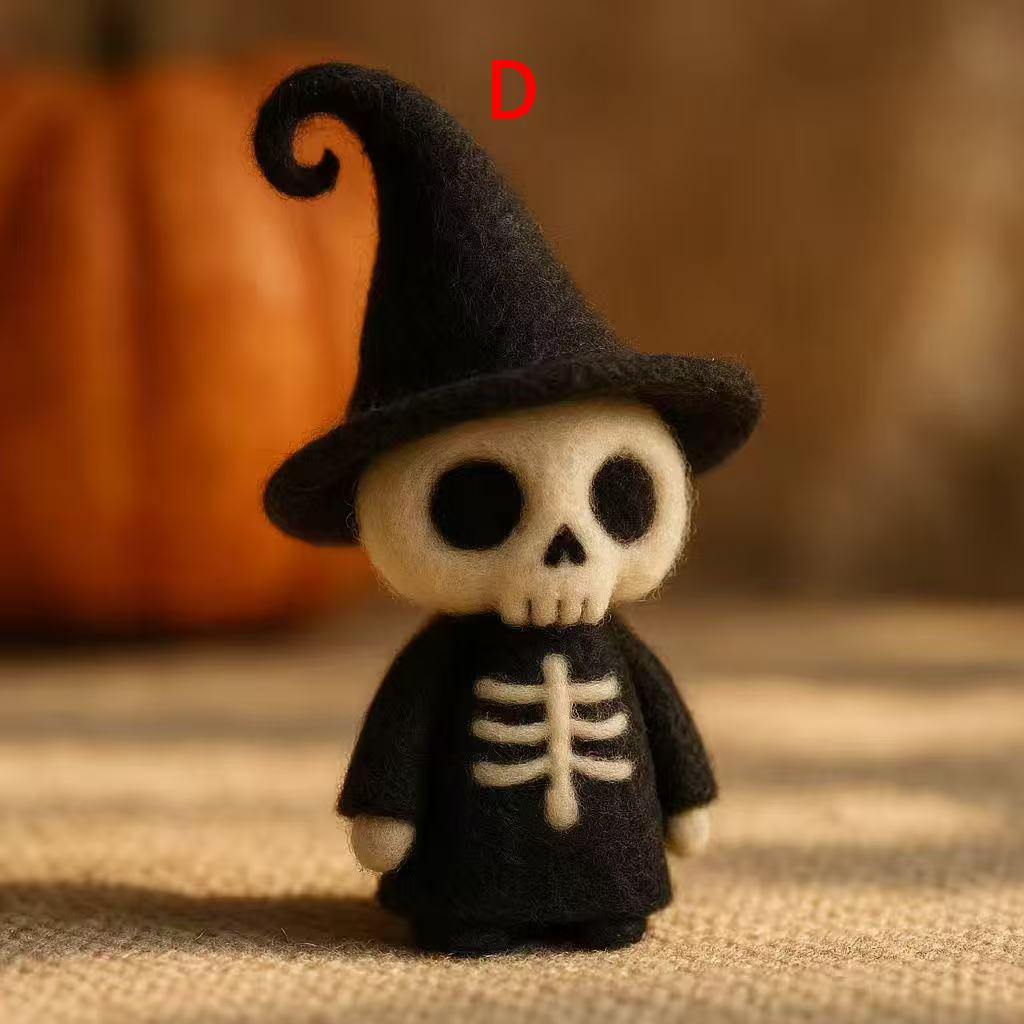 Halloween Skeleton Witch Doll – Handmade Needle Felted Wool Felt Skeleton Figurine – Witch Hat Skeleton Ornament, Spooky Fall Decoration