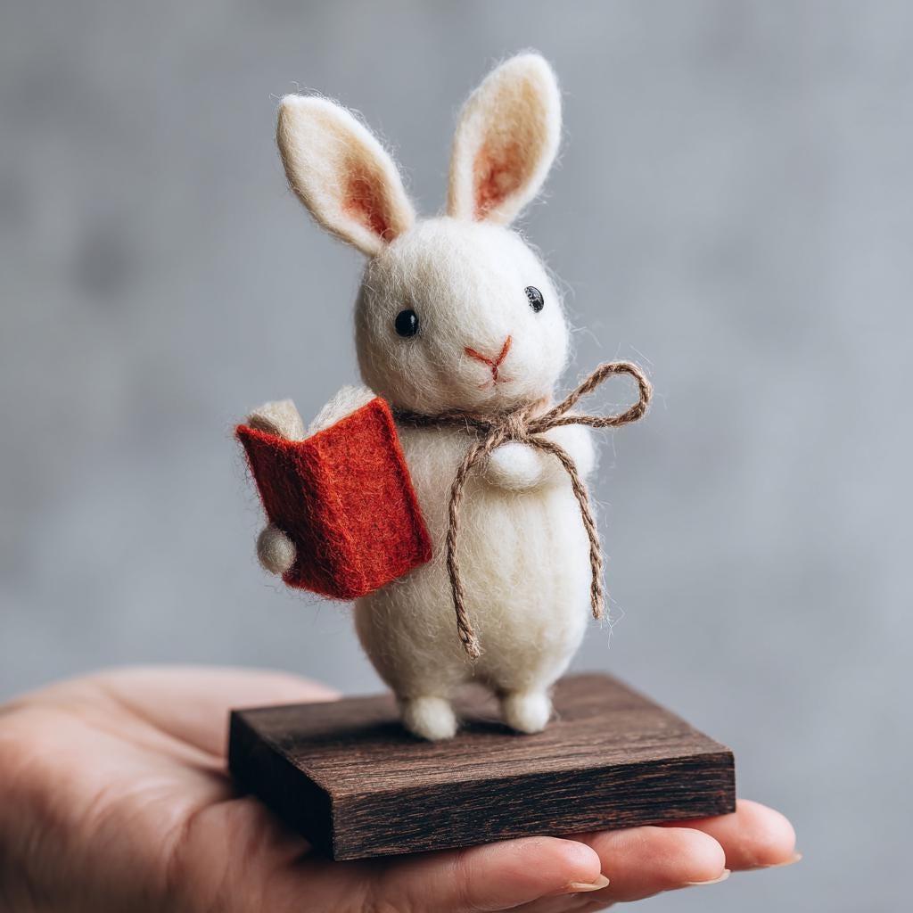 Handmade Felt Bunny with Book – Wool Reading Rabbit Figurine, Cozy Woodland Decor and Whimsical Christmas Winter Gift for Readers