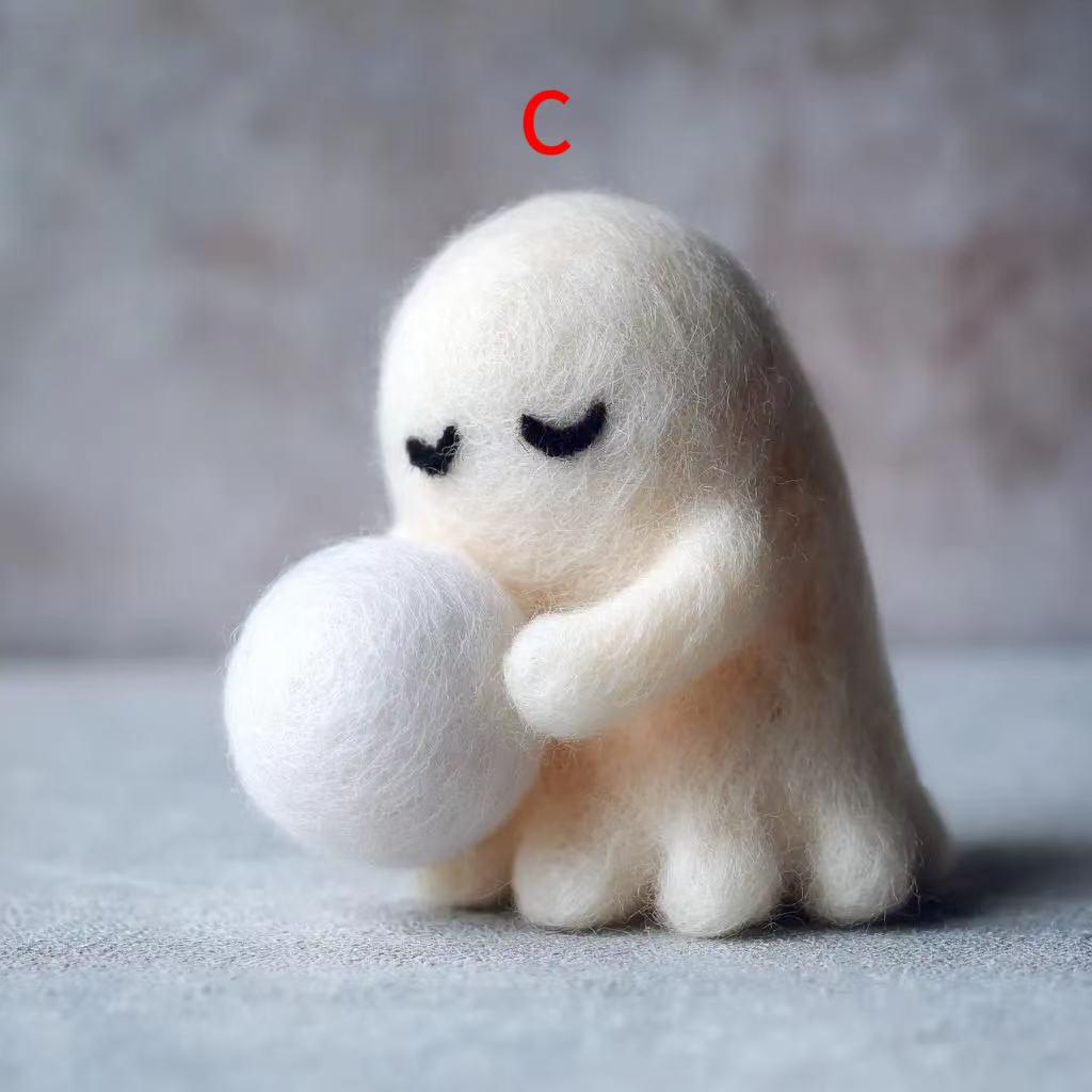 Needle Felted Ghost – Handmade Wool Felt Halloween Decor, Cute Ghost with Candy Cane or Gift Box, Spooky Cute Ornament