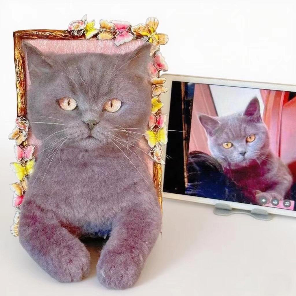 Needle Felted Cat Portrait - Custom 3D Pet Memorial in Wood Frame
