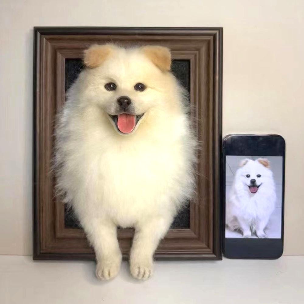 Custom Pomeranian Portrait: 3D Wool Felt Dog Sculpture in Wood Frame