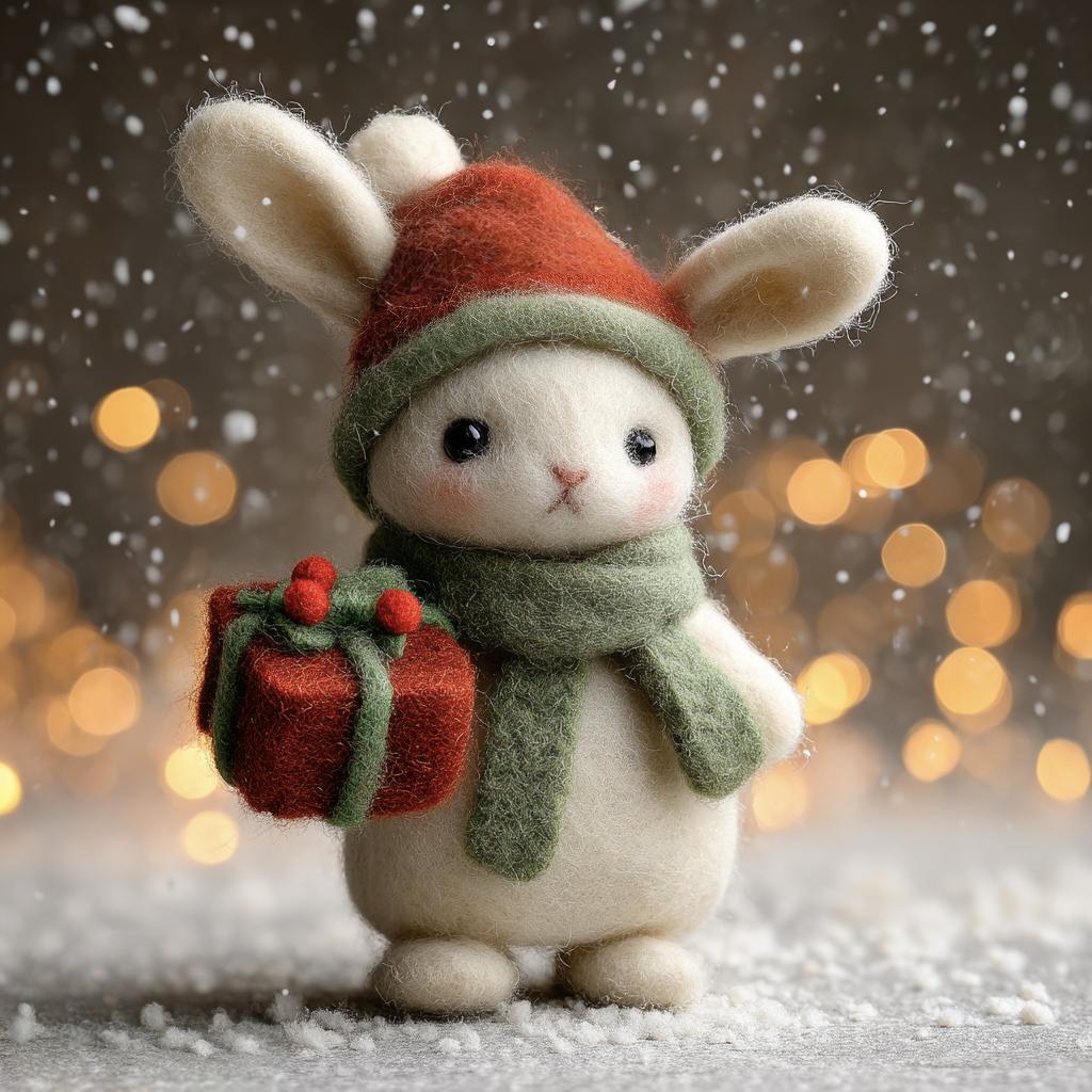 Handmade Felt Bunny with Gift Box – Wool Rabbit Figurine, Woodland Christmas Decor and Cozy Winter Holiday Gift for Animal Lovers