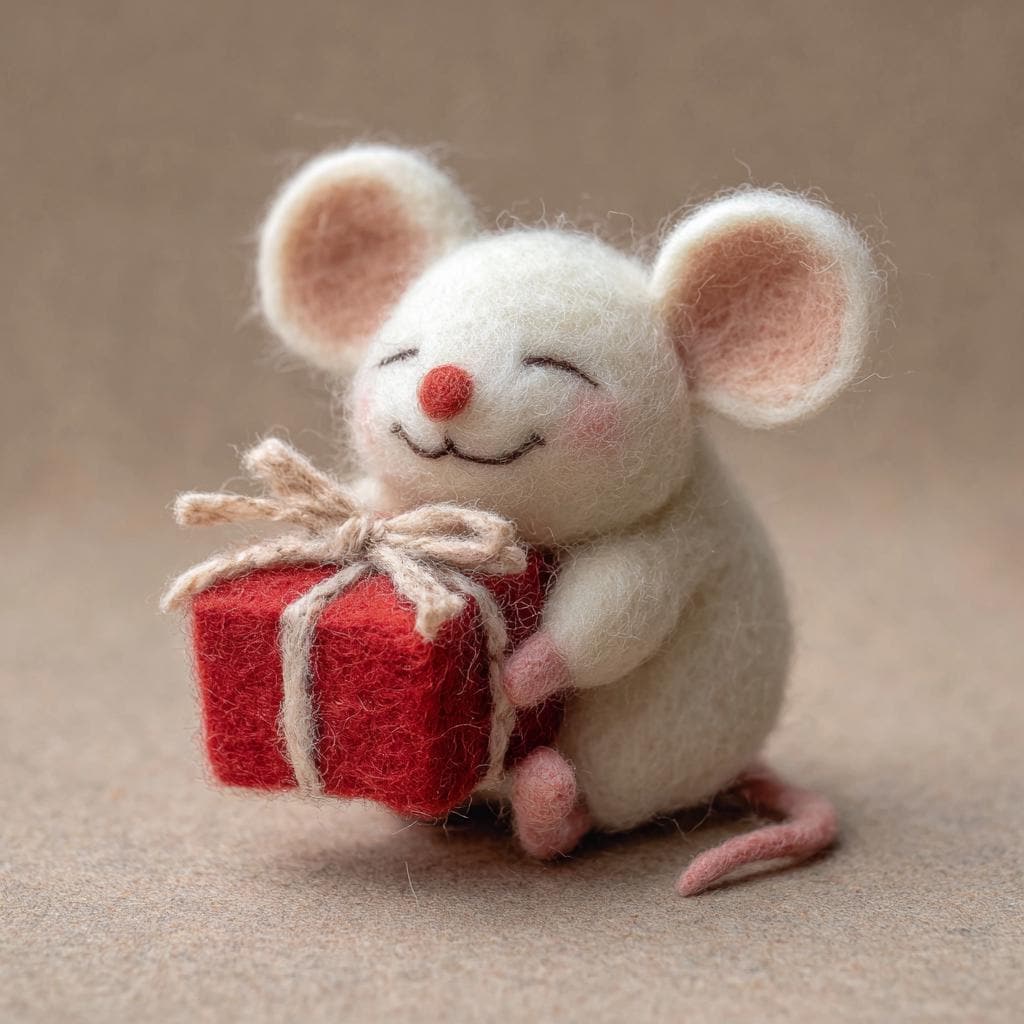 Handcrafted Needle Felt Christmas Mouse – Cute Wool Felt Ornament with Present or Drum, Small Handmade Holiday Gift, Festive Home Decor