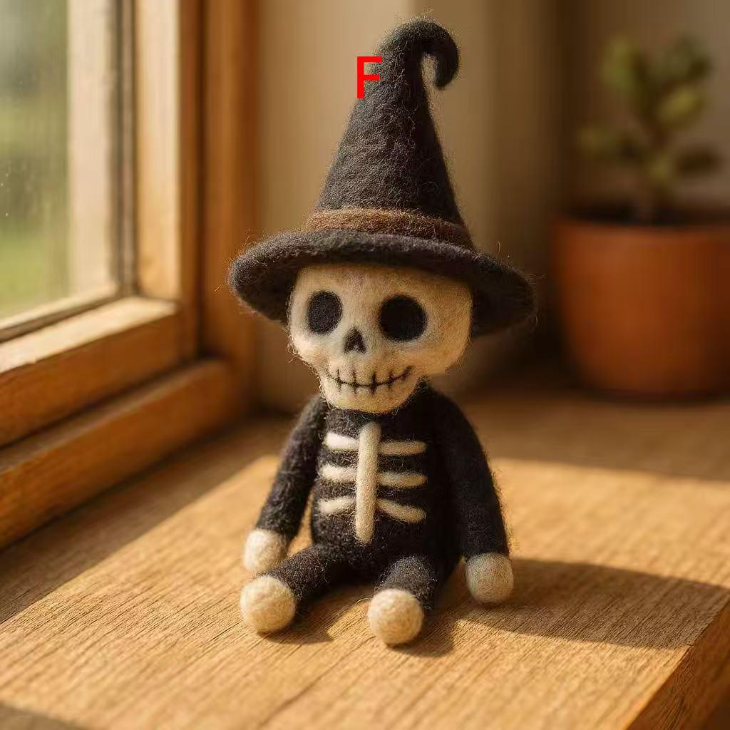 Halloween Skeleton Witch Doll – Handmade Needle Felted Wool Felt Skeleton Figurine – Witch Hat Skeleton Ornament, Spooky Fall Decoration