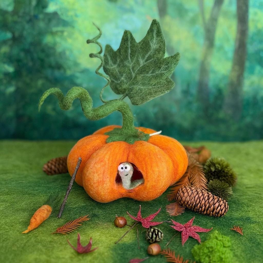 Handmade Wool Felt Pumpkin House – Waldorf Inspired Toy for Kids,Needle Felted Pumpkin Fairy House – Nature Play Toy, Montessori Gift