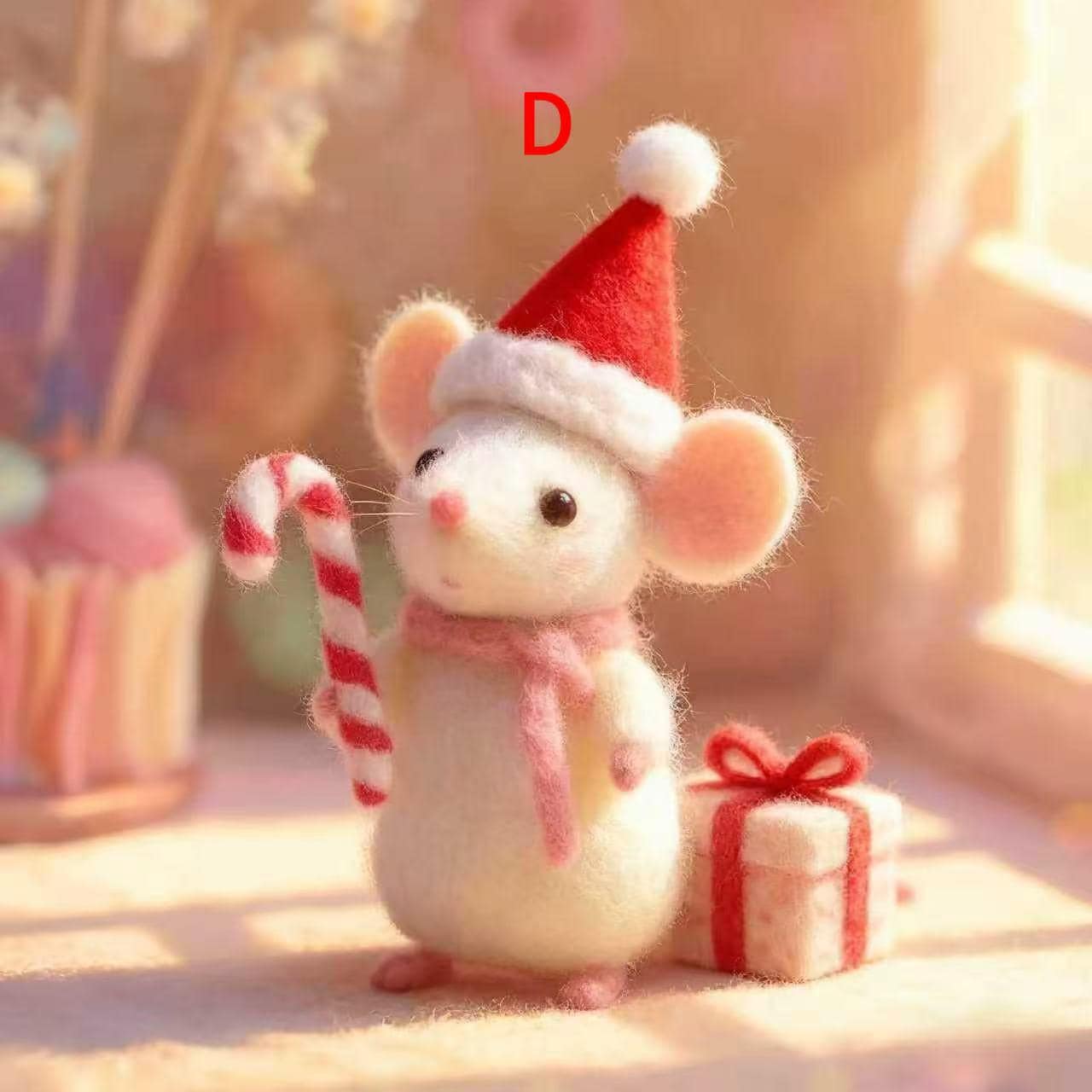 Needle Felted Mouse Figurine – Handmade Wool Felt Animal with Holiday Outfit – Christmas Candy Cane or Perfect for Christmas Tree Ornament