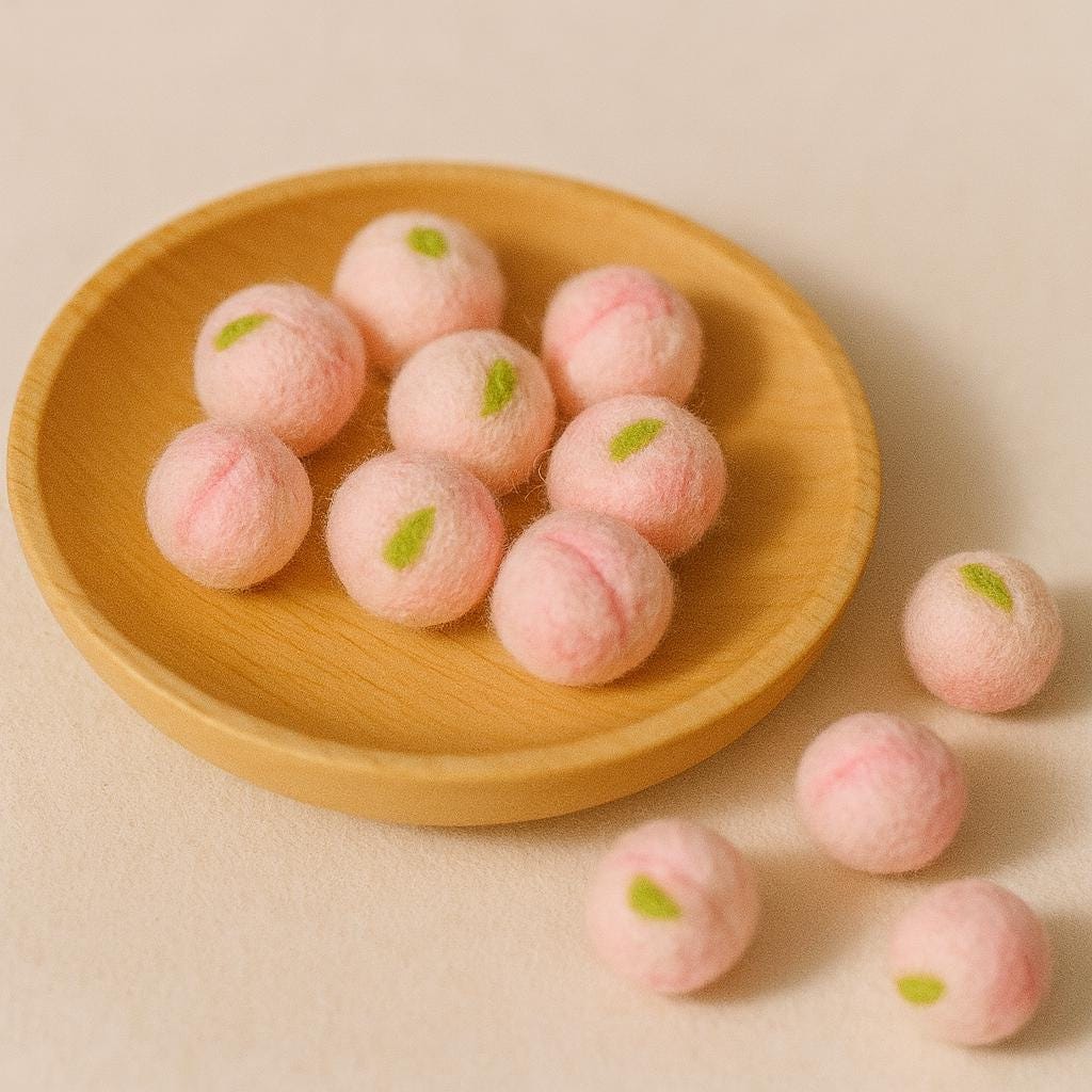 Handmade Mini Wool Felt Fruit Basket 1.5cm – Needle Felted Watermelon, Strawberry, Orange, Peach & Blueberry – Kitchen Toy Gift