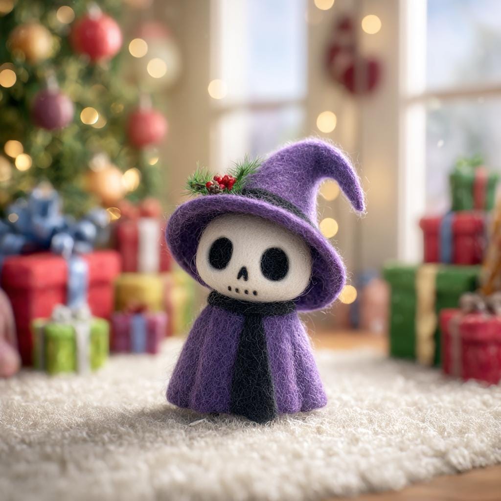 Handmade Wool Felt Skeleton Witch – Needle Felted Halloween Decoration, Spooky Cute Figurine for Autumn Home or Party Gift