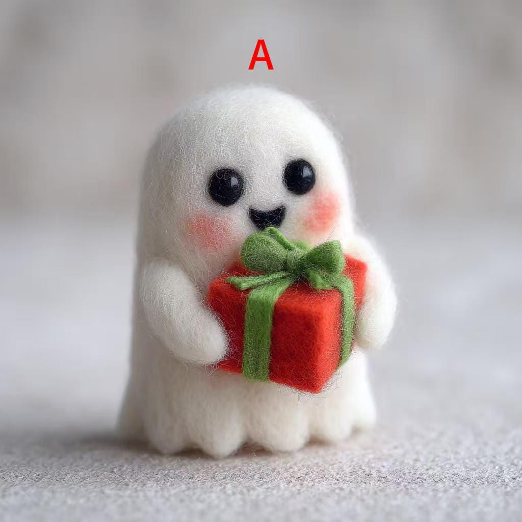 Needle Felted Ghost – Handmade Wool Felt Halloween Decor, Cute Ghost with Candy Cane or Gift Box, Spooky Cute Ornament