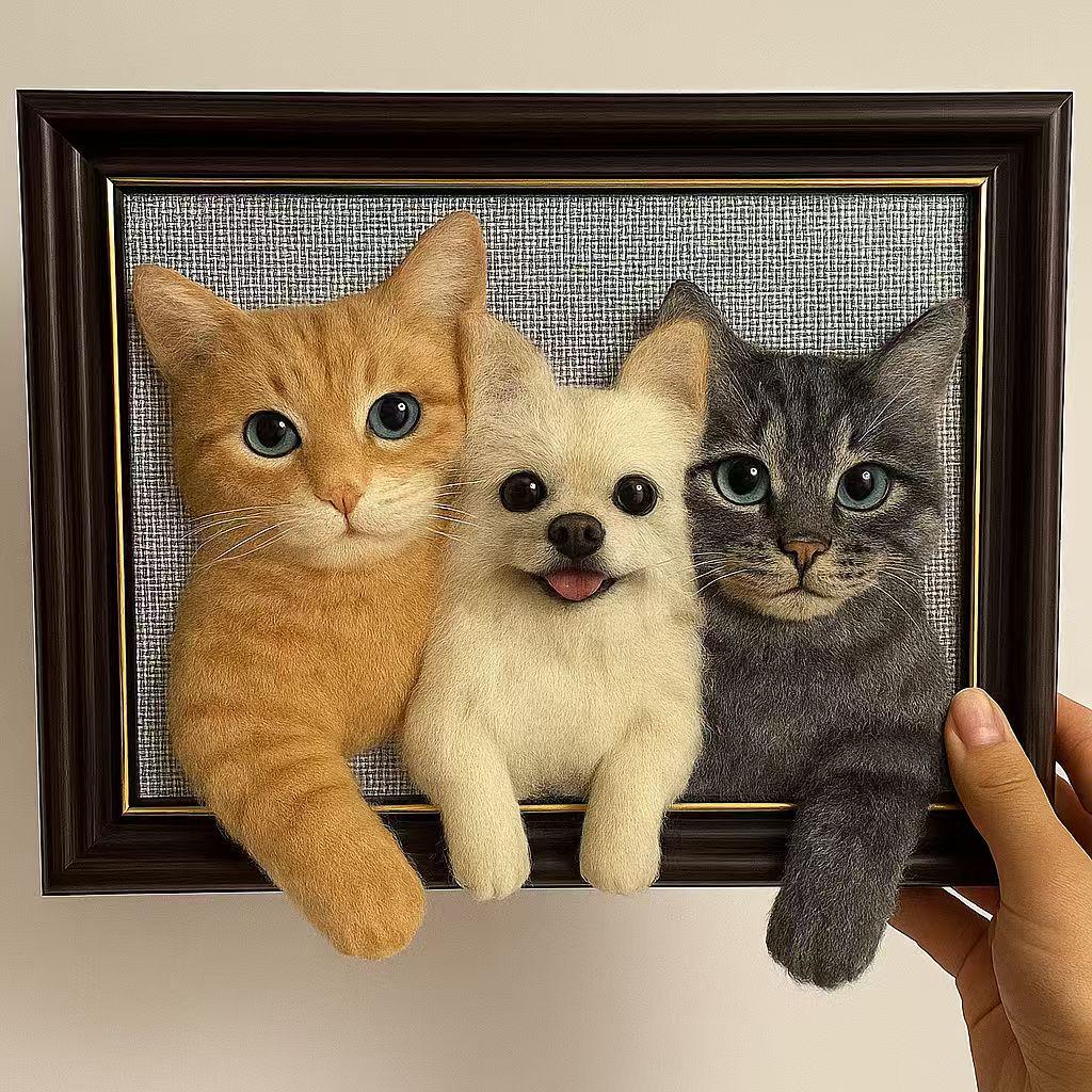 Custom 3D Felt Pet Portrait – Handmade Multi-Pet Frame | Realistic Dog & Cat Keepsake Gift | Your Pets in Art – Lifelike 3D Felt Portrait