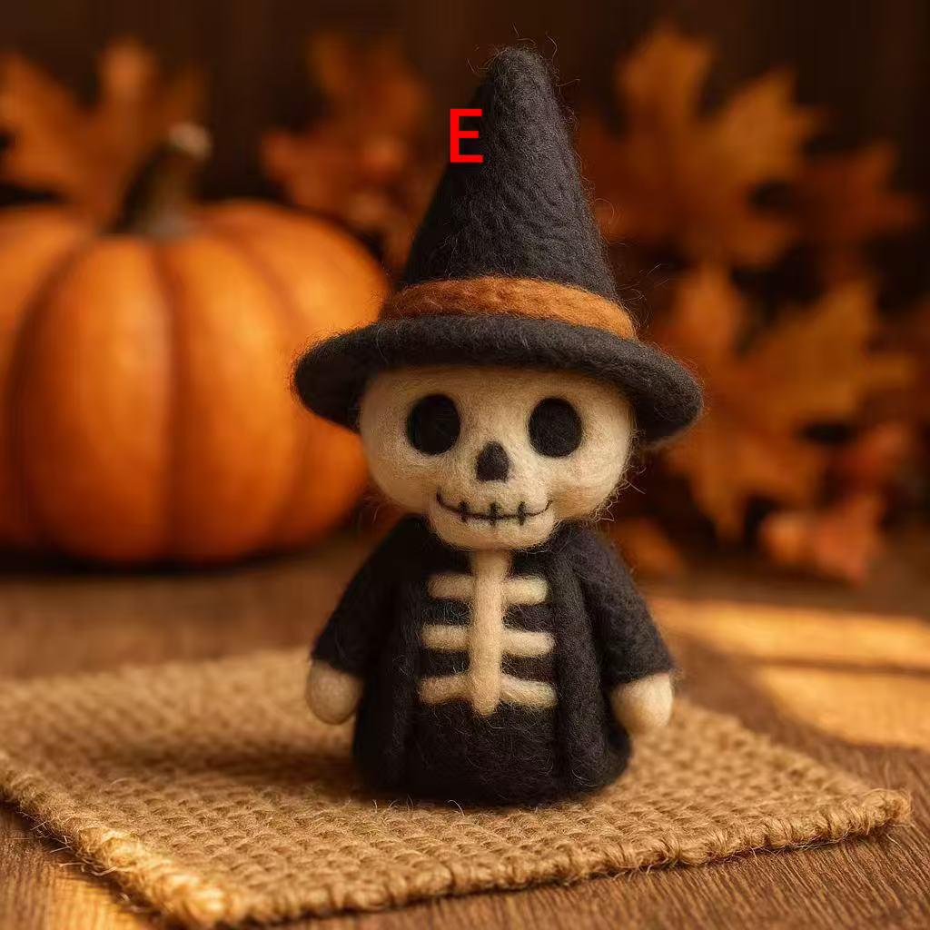 Halloween Skeleton Witch Doll – Handmade Needle Felted Wool Felt Skeleton Figurine – Witch Hat Skeleton Ornament, Spooky Fall Decoration