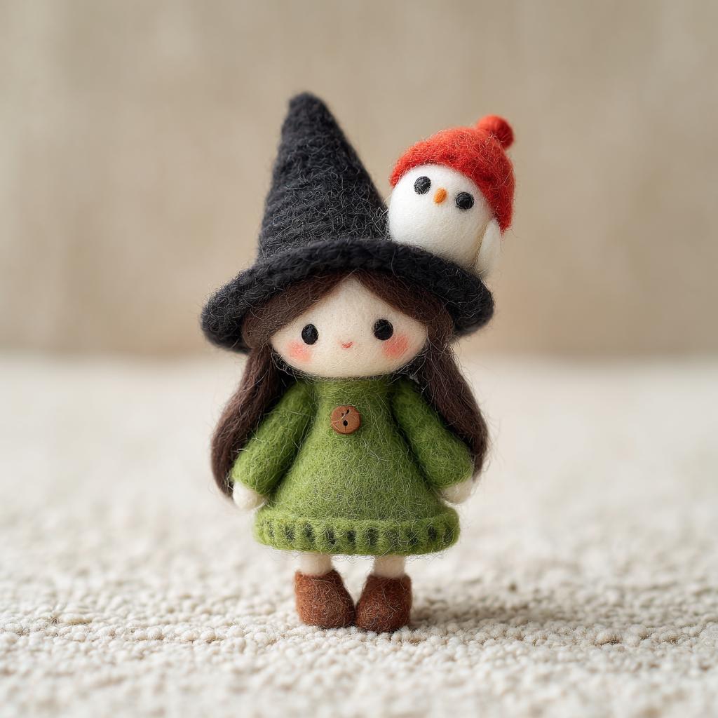 Needle Felted Witch Doll – Handmade Wool Felt Halloween Figurine, Cute Spooky Decor with Pumpkin, Magic Wand or Owl Hat Gift