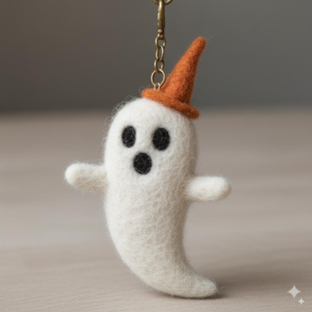 Needle Felted Wool Halloween Keychain – Cute Pumpkin Ghost Plush Bag Charm – Handmade Spooky Fall Gift for Trick or Treat Lovers