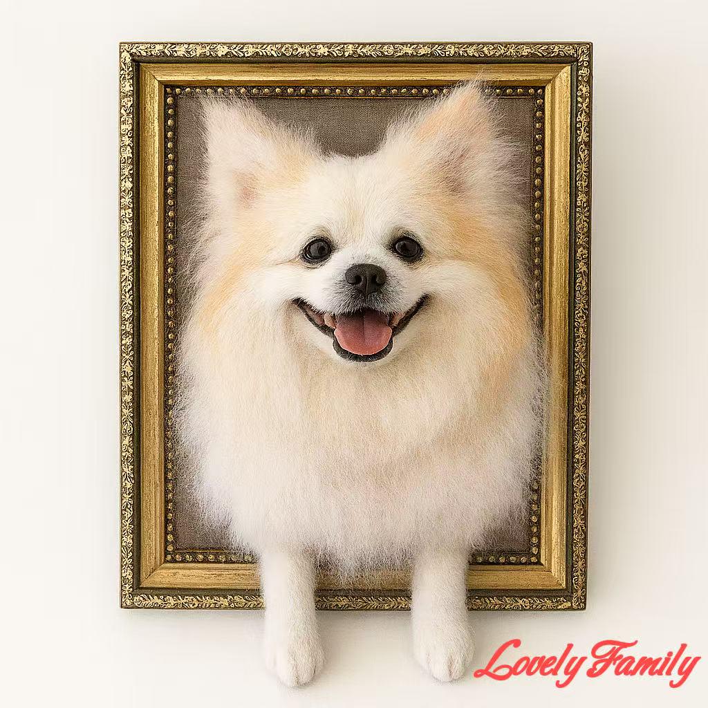 Custom Pomeranian Portrait: 3D Needle Felted Dog Sculpture in Gold Frame