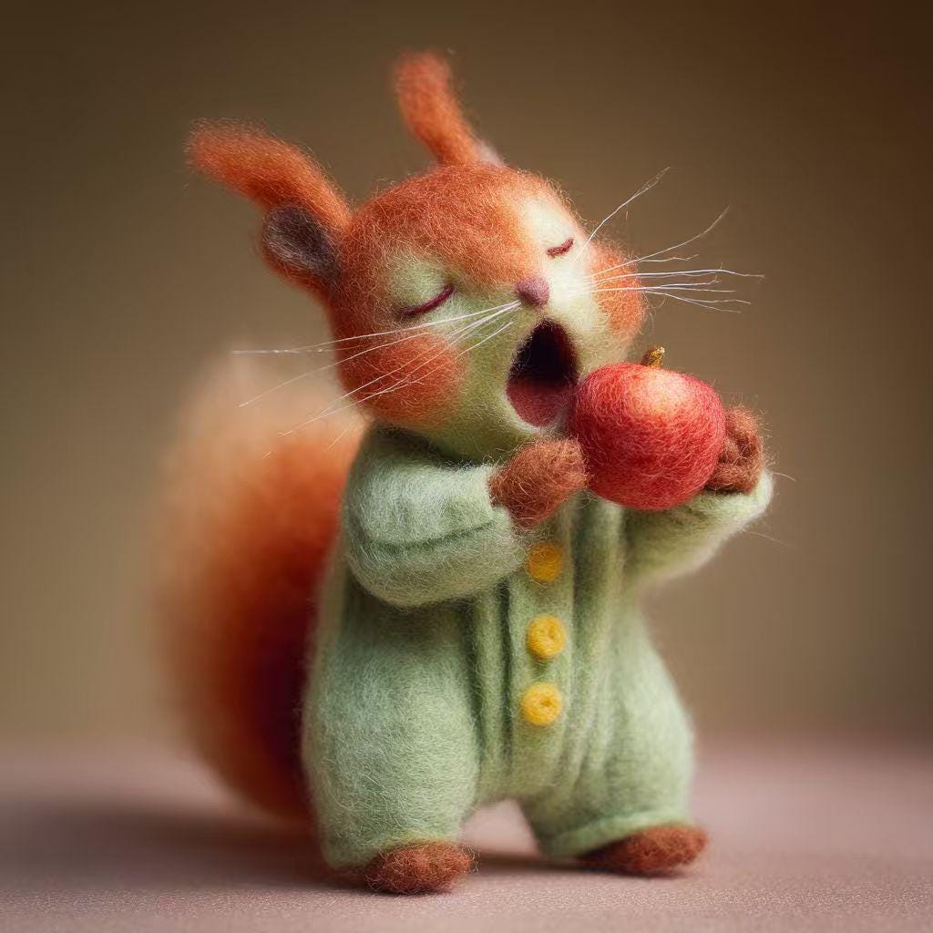 Handmade Felt Squirrel Figurine – Cute Wool Animal with Santa Hat or Apple, Winter Woodland Christmas Gift Decor