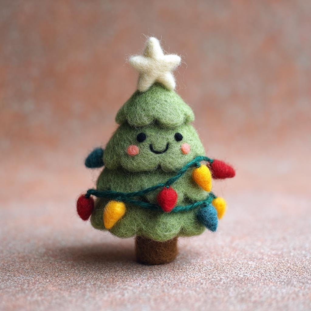 Handmade Wool Felt Christmas Tree Set – Cute Mini Tree Figurines with Lights, Star, and Red Bow, Cozy Winter Home Decor Gift