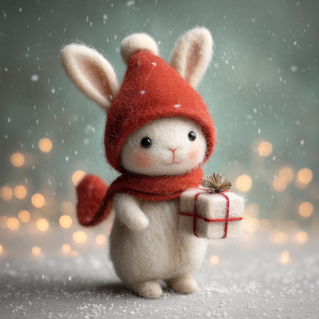 Handmade Felt Bunny with Gift Box – Wool Rabbit Figurine, Woodland Christmas Decor and Cozy Winter Holiday Gift for Animal Lovers