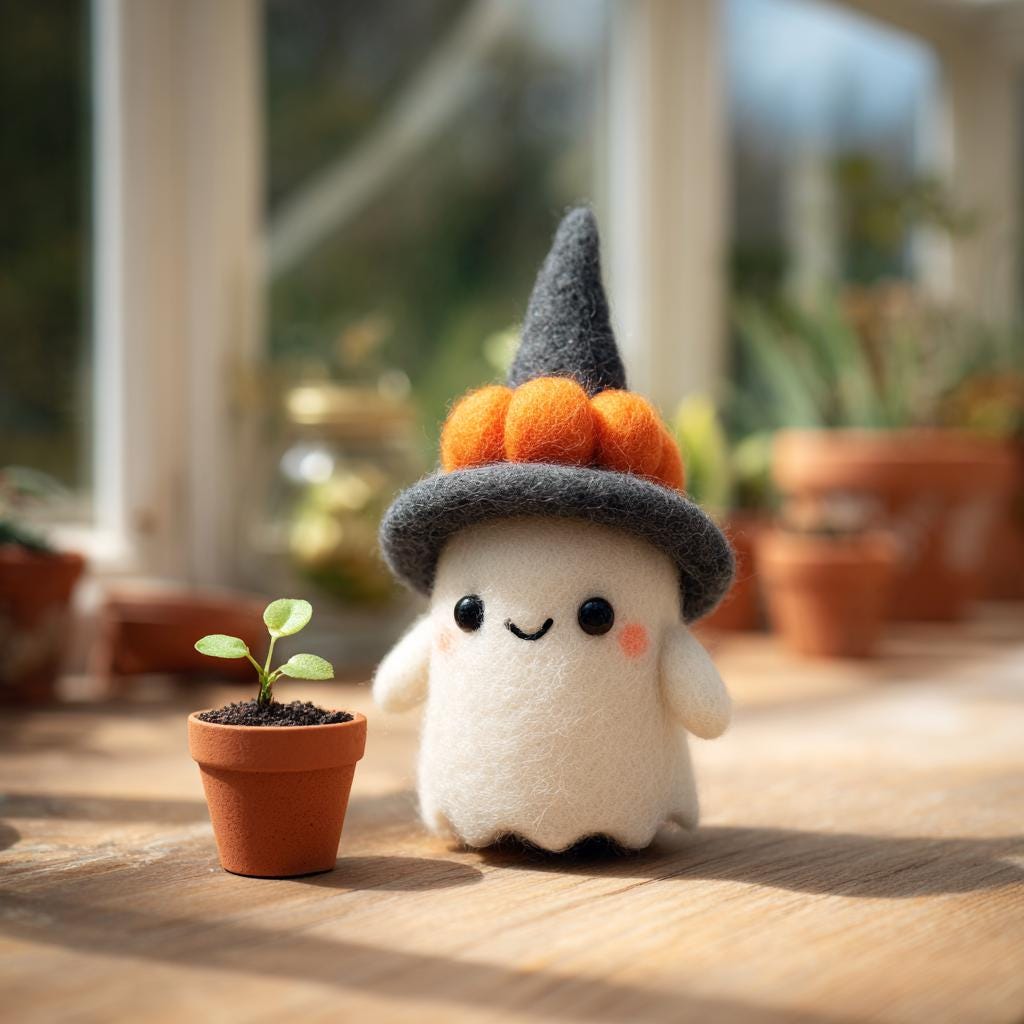 Handmade Needle Felted Halloween Ghost – Cute Wool Felt Figurine with Pumpkin Hat, Spooky Cute Decor, Fall Table Ornament, Gift Idea
